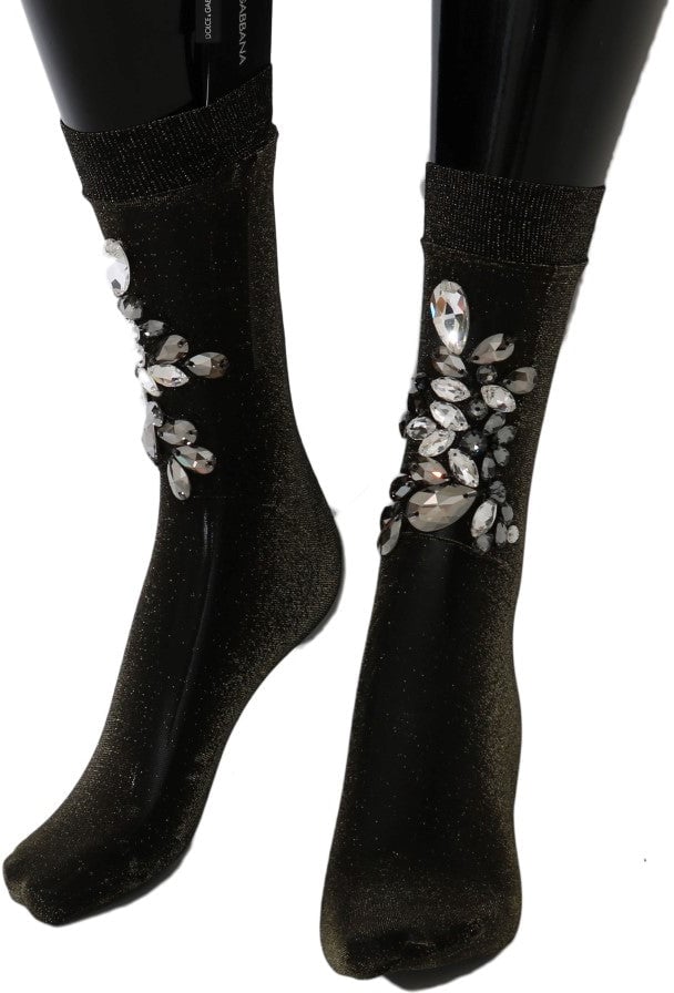 Dolce & Gabbana Black Stretch Floral Clear Crystal Socks Zwart