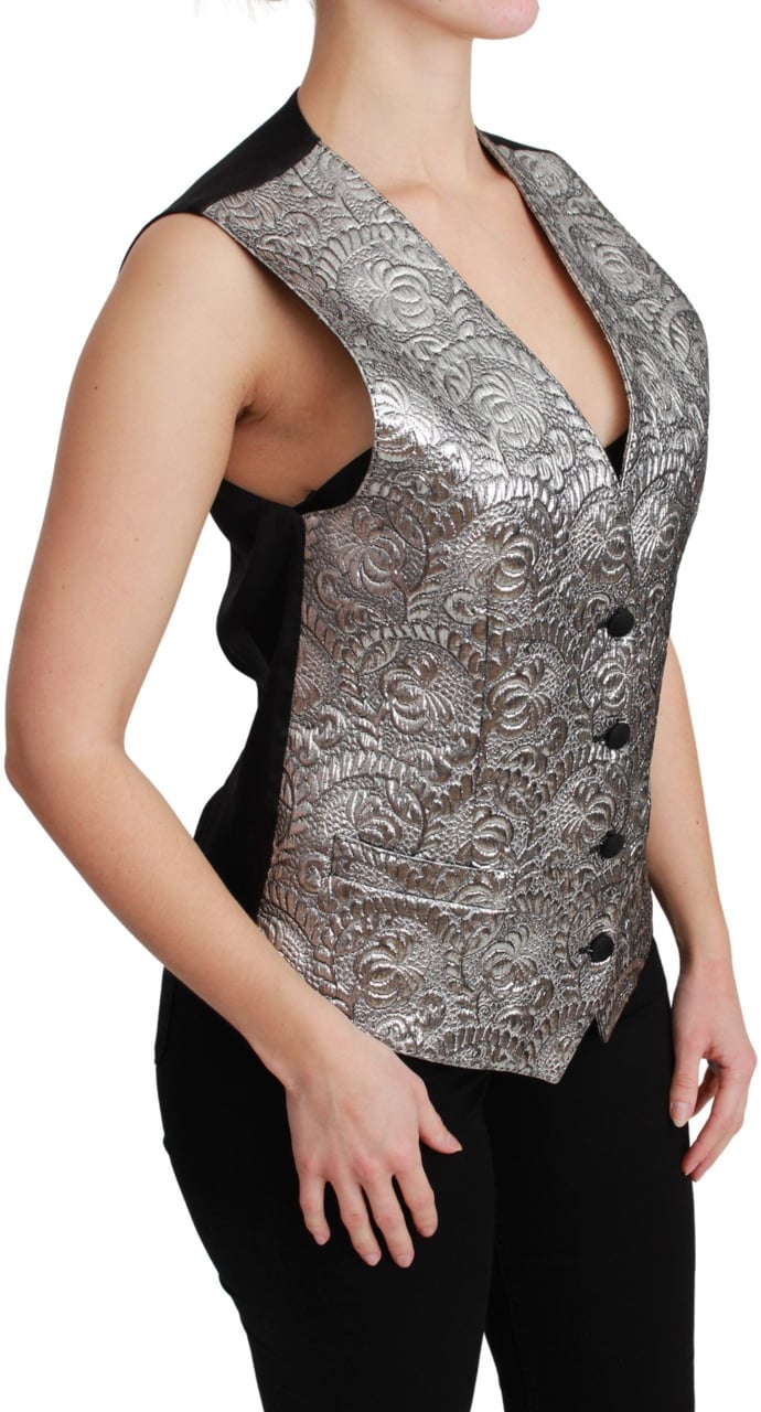 Dolce & Gabbana Silver Brocade Sleeveless Metallic Top Zilver
