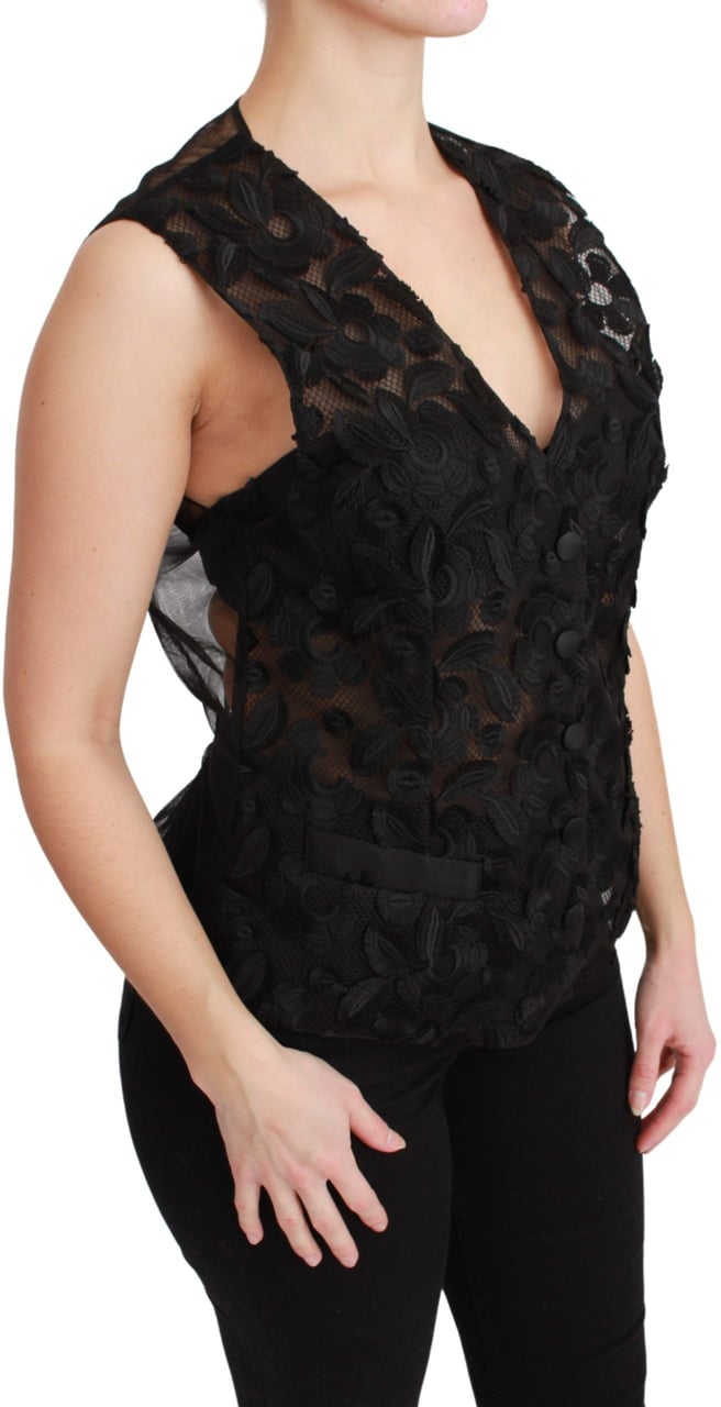 Dolce & Gabbana Black Floral Brocade Top Gilet Waistcoat Zwart