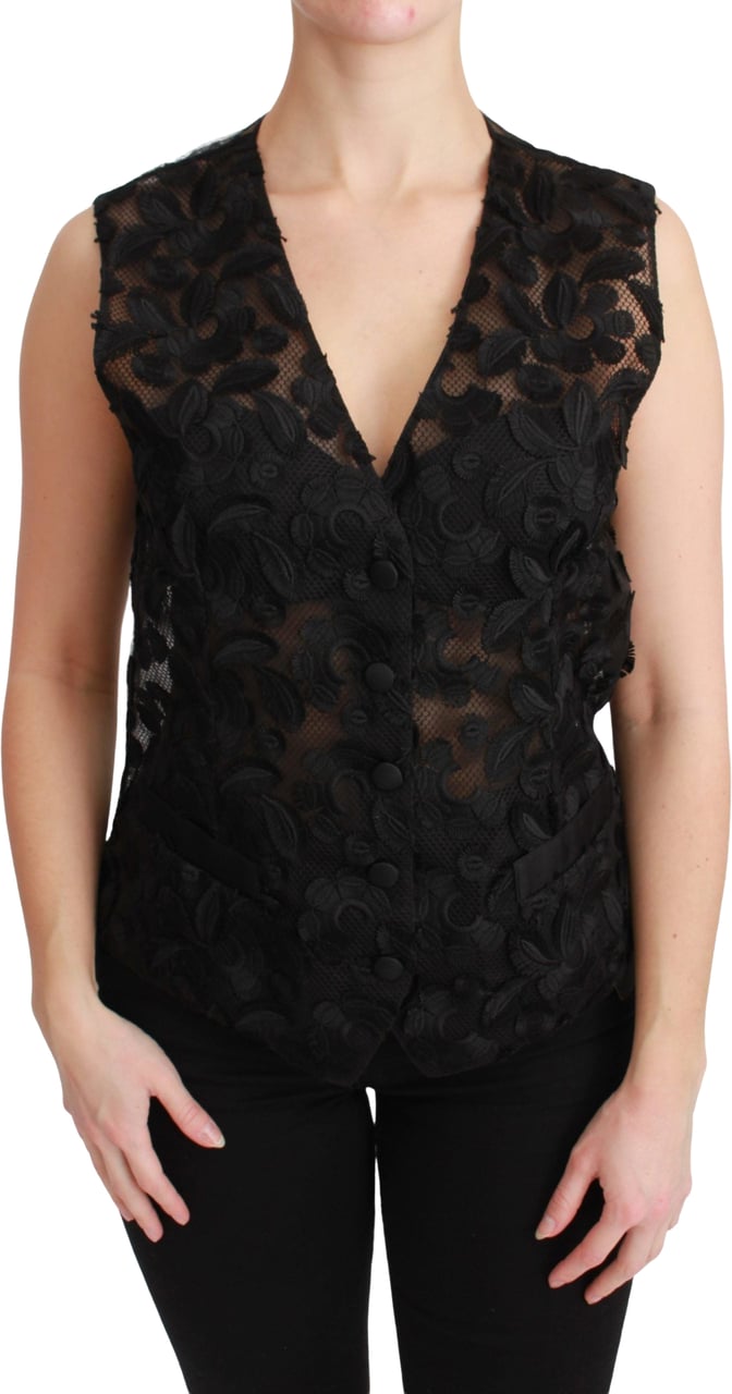 Dolce & Gabbana Black Floral Brocade Top Gilet Waistcoat Zwart