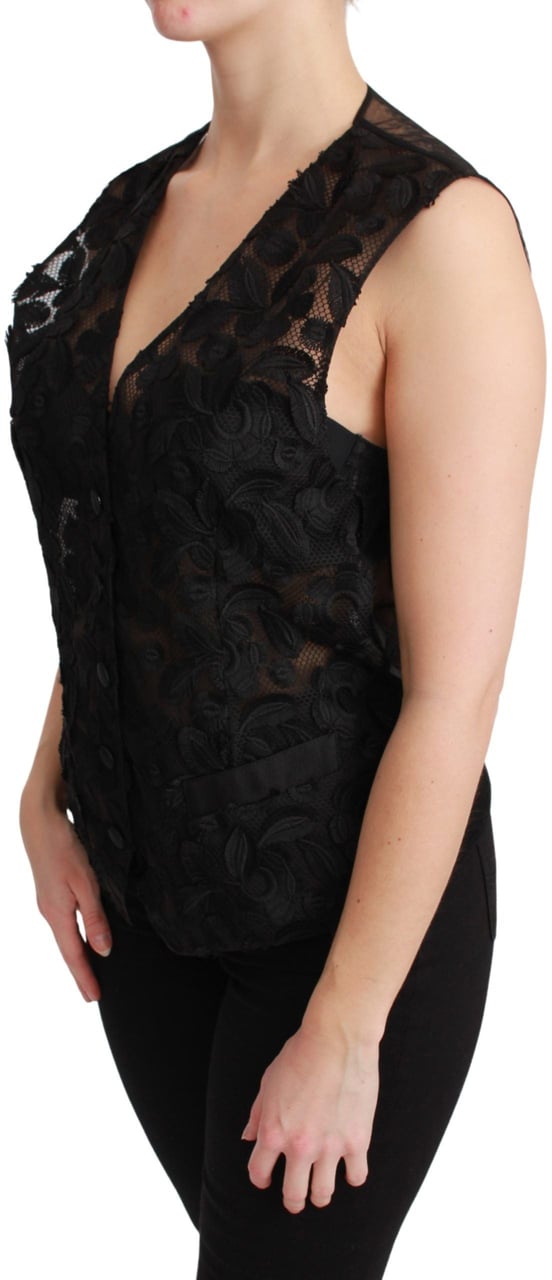 Dolce & Gabbana Black Floral Brocade Top Gilet Waistcoat Zwart