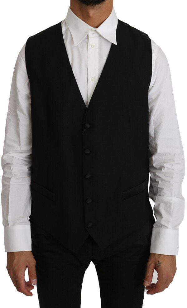 Dolce & Gabbana Black Solid Wool Silk Vest Zwart