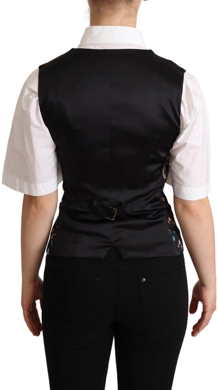 Dolce & Gabbana Black Jacquard Floral Waistcoat Vest Zwart