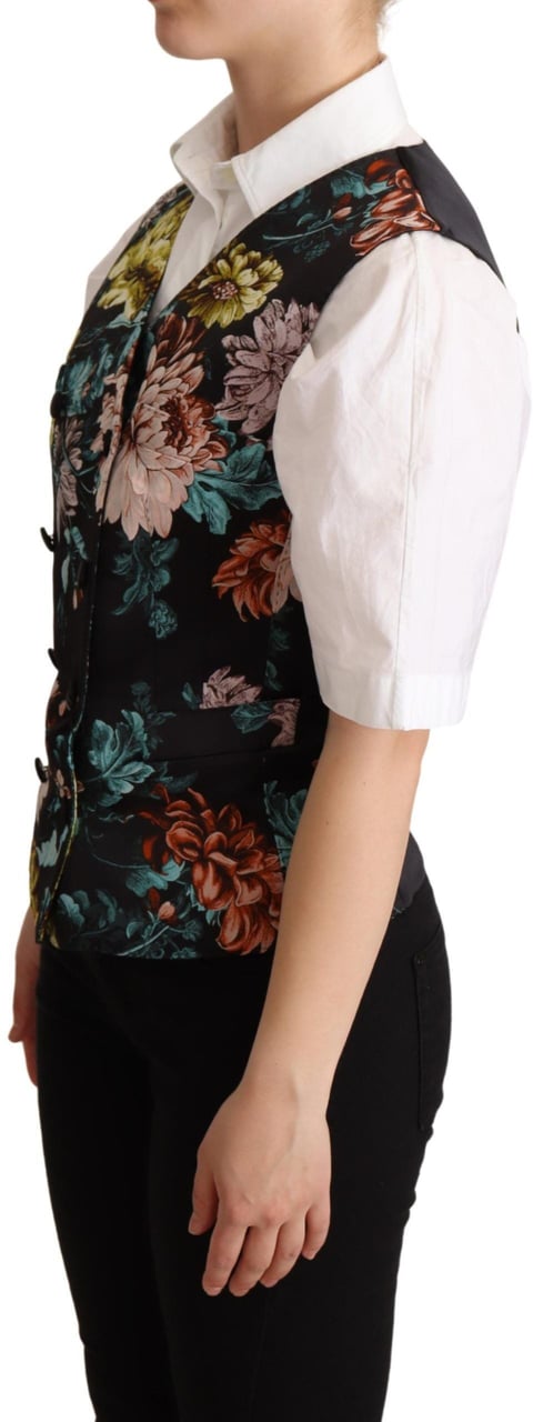 Dolce & Gabbana Black Jacquard Floral Waistcoat Vest Zwart