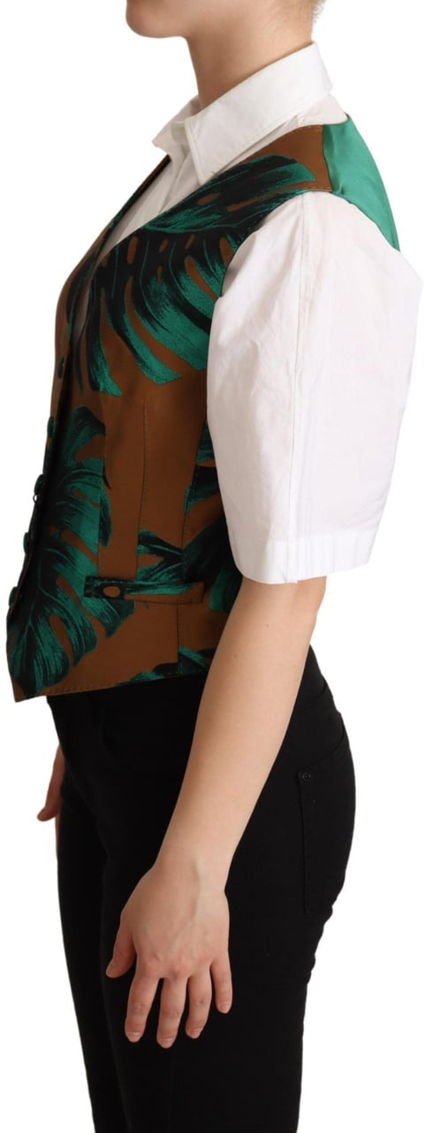 Dolce & Gabbana Green Jacquard Leaf Gold Waistcoat Vest Groen