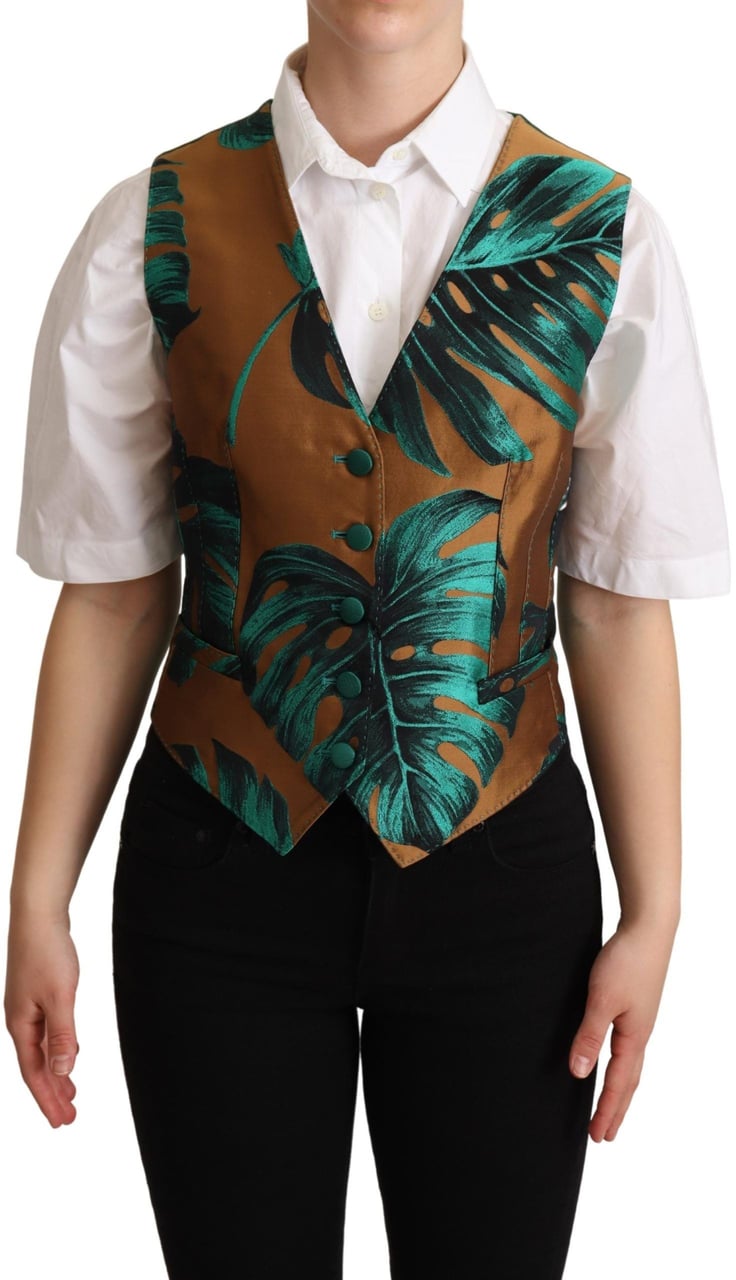 Dolce & Gabbana Green Jacquard Leaf Gold Waistcoat Vest Groen