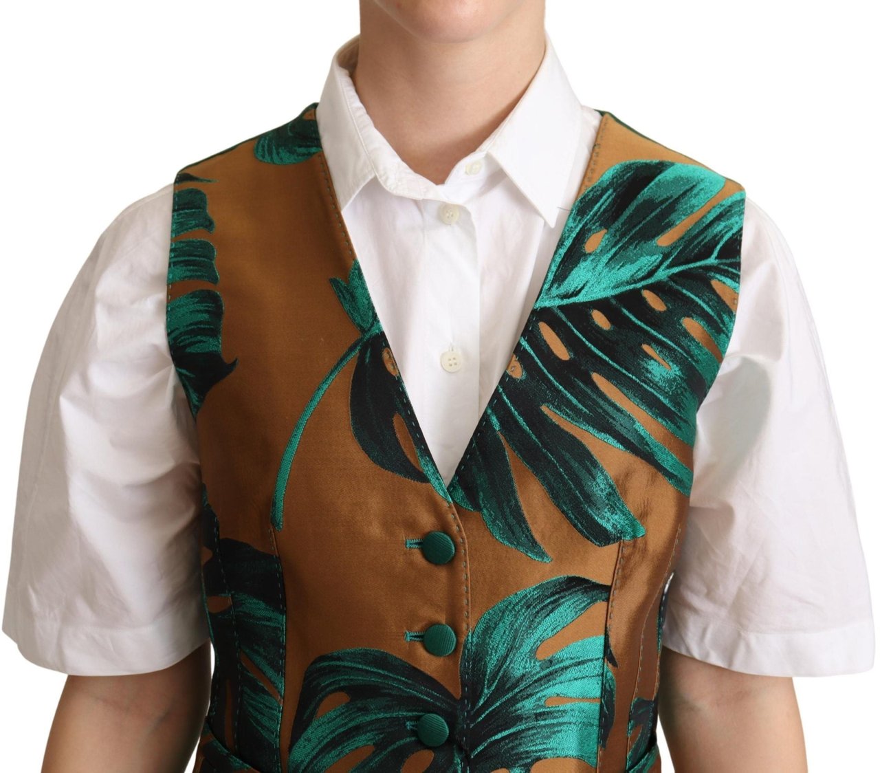 Dolce & Gabbana Green Jacquard Leaf Gold Waistcoat Vest Groen