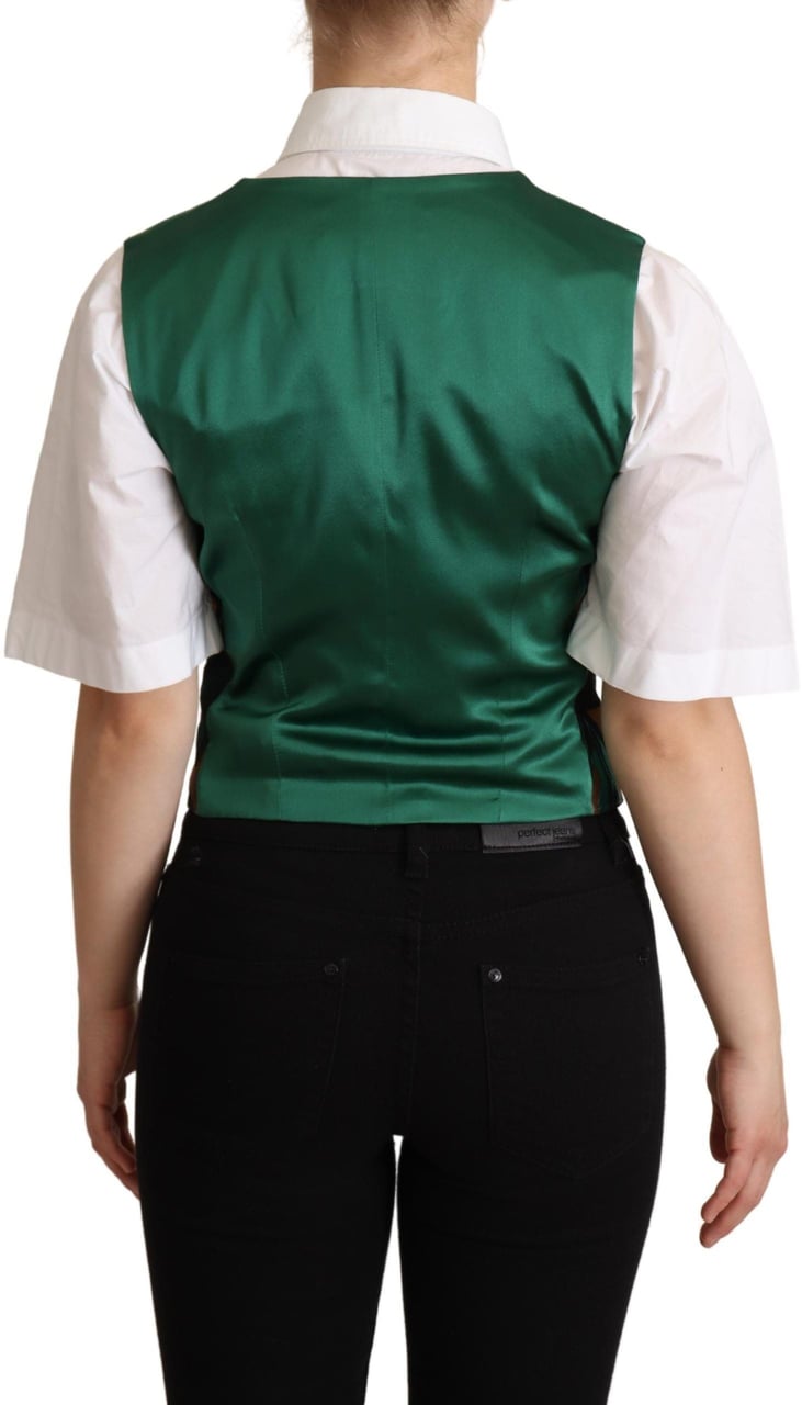 Dolce & Gabbana Green Jacquard Leaf Gold Waistcoat Vest Groen
