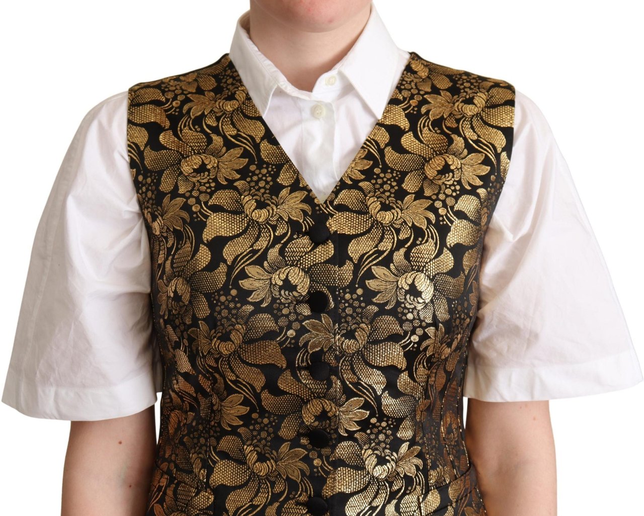 Dolce & Gabbana Black Gold Jacquard Silk Waistcoat Vest Zwart