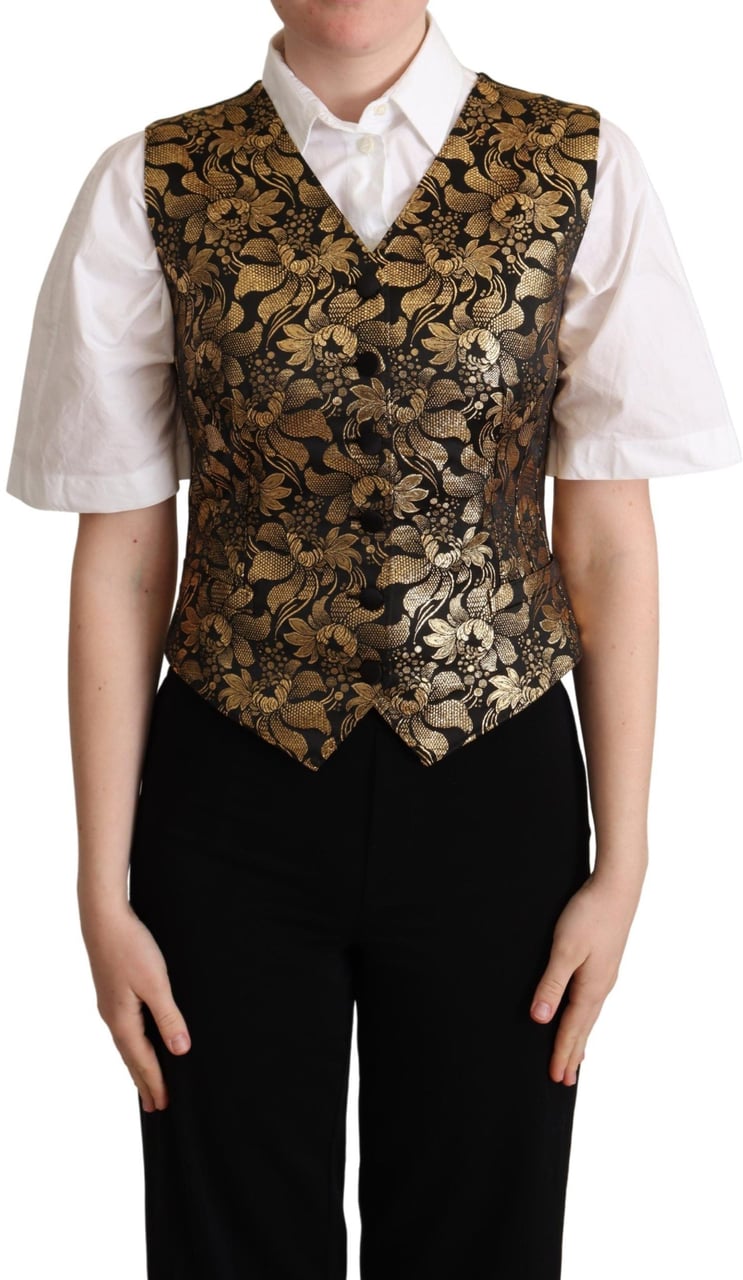 Dolce & Gabbana Black Gold Jacquard Silk Waistcoat Vest Zwart