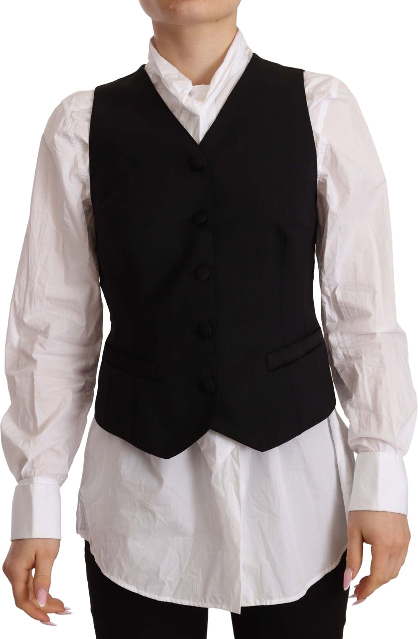 Dolce & Gabbana Black Button Down Sleeveless Vest Viscose Top Zwart