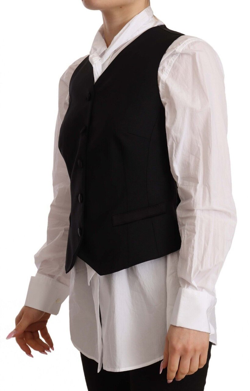 Dolce & Gabbana Black Button Down Sleeveless Vest Viscose Top Zwart