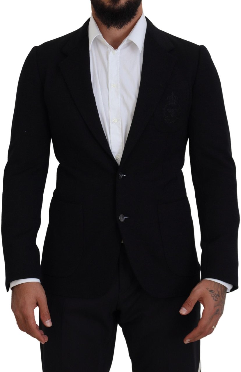 Dolce & Gabbana Black Wool Crown Slim Fit Jacket Blazer Zwart