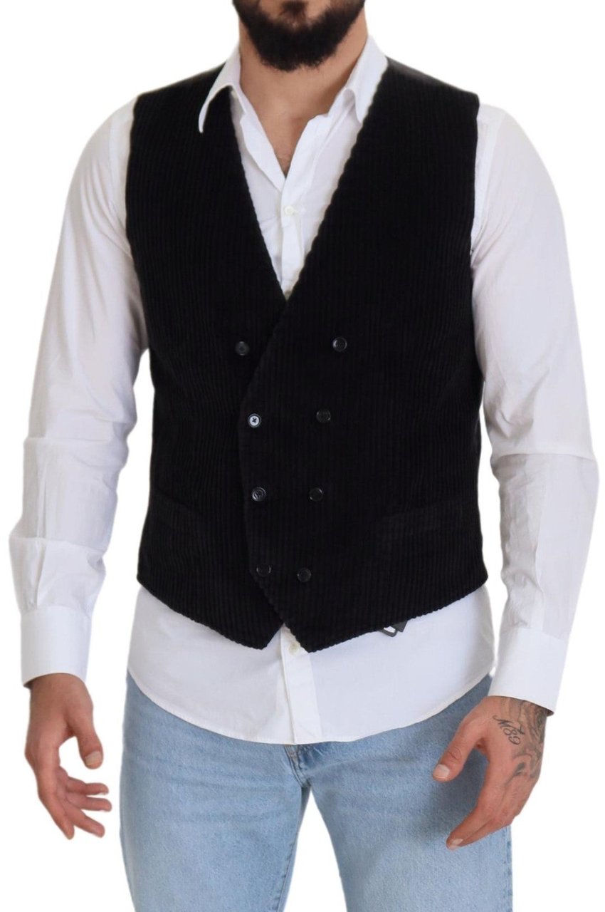 Dolce & Gabbana Black Cotton Double Breasted Waistcoat Vest Zwart
