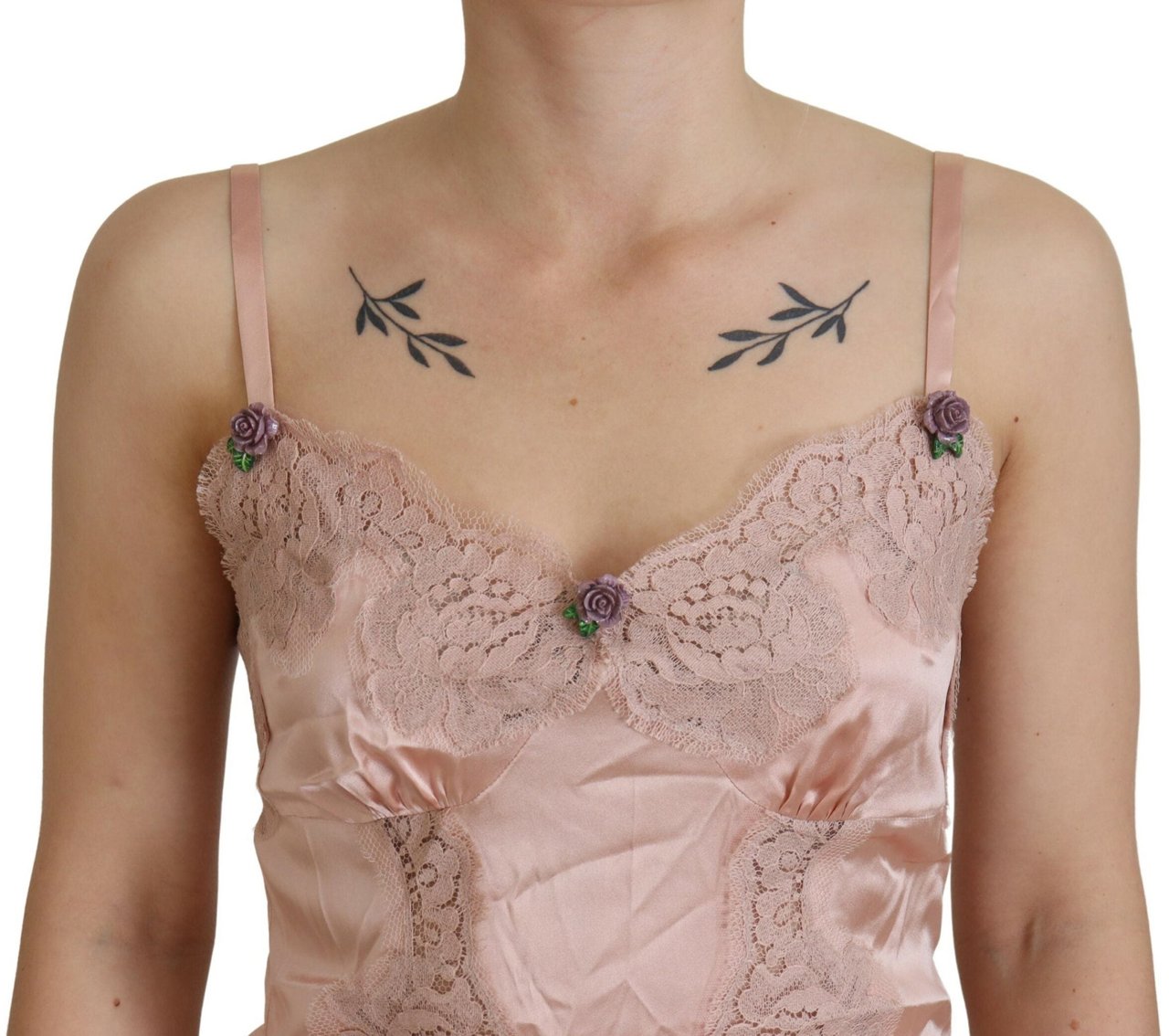 Dolce & Gabbana Pink Satin Lace Roses Tank Top Lingerie Roze