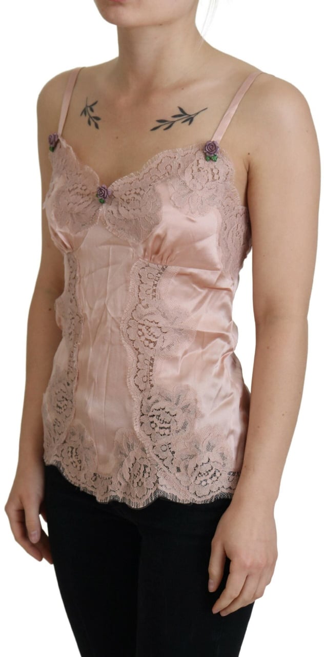 Dolce & Gabbana Pink Satin Lace Roses Tank Top Lingerie Roze