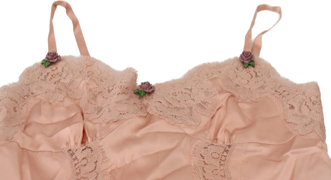 Dolce & Gabbana Pink Satin Lace Roses Tank Top Lingerie Roze