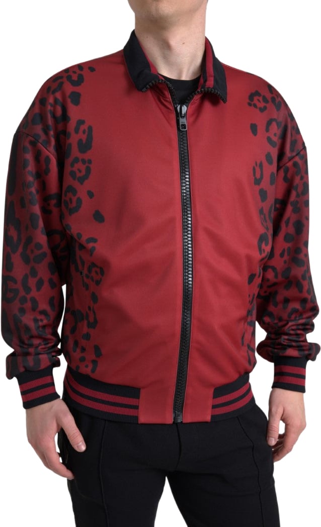 Dolce & Gabbana Red Leopard Polyester Bomber Full Zip Jacket Rood