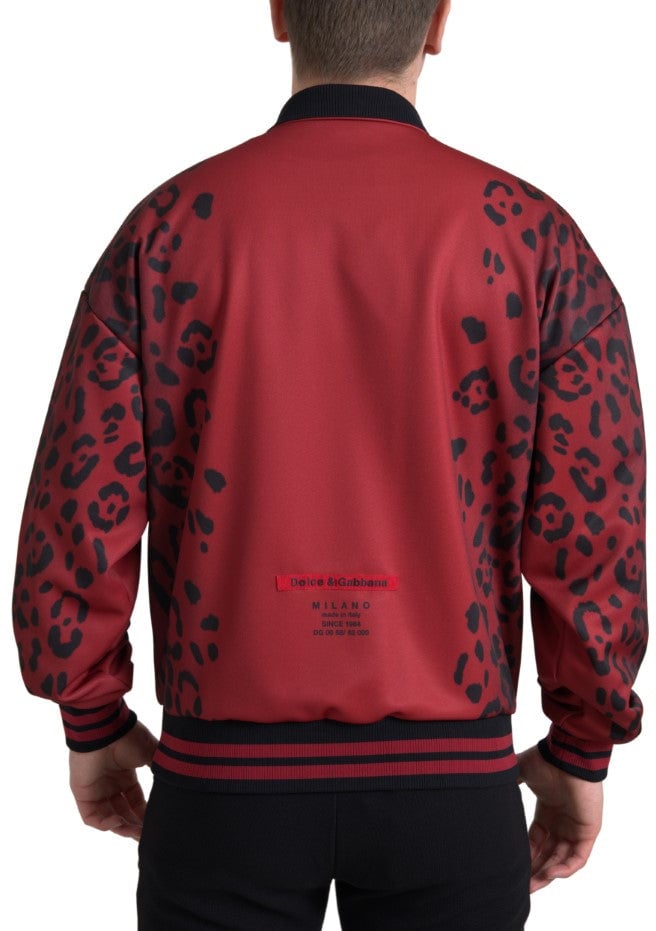 Dolce & Gabbana Red Leopard Polyester Bomber Full Zip Jacket Rood