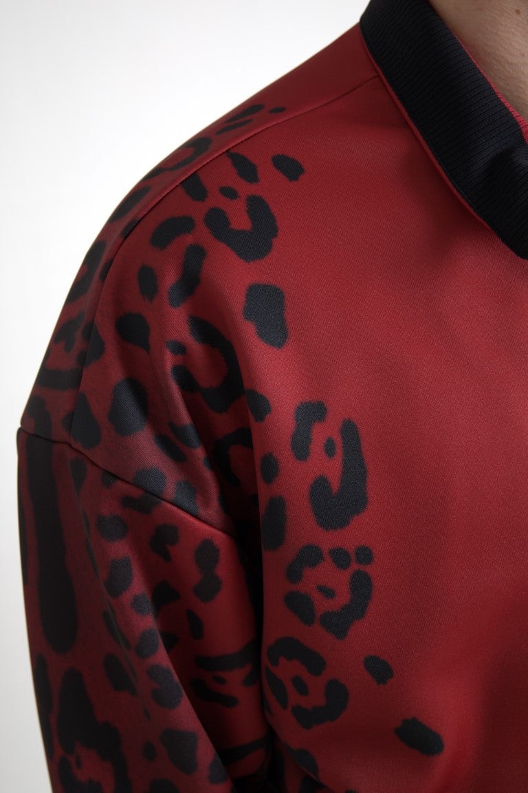 Dolce & Gabbana Red Leopard Polyester Bomber Full Zip Jacket Rood