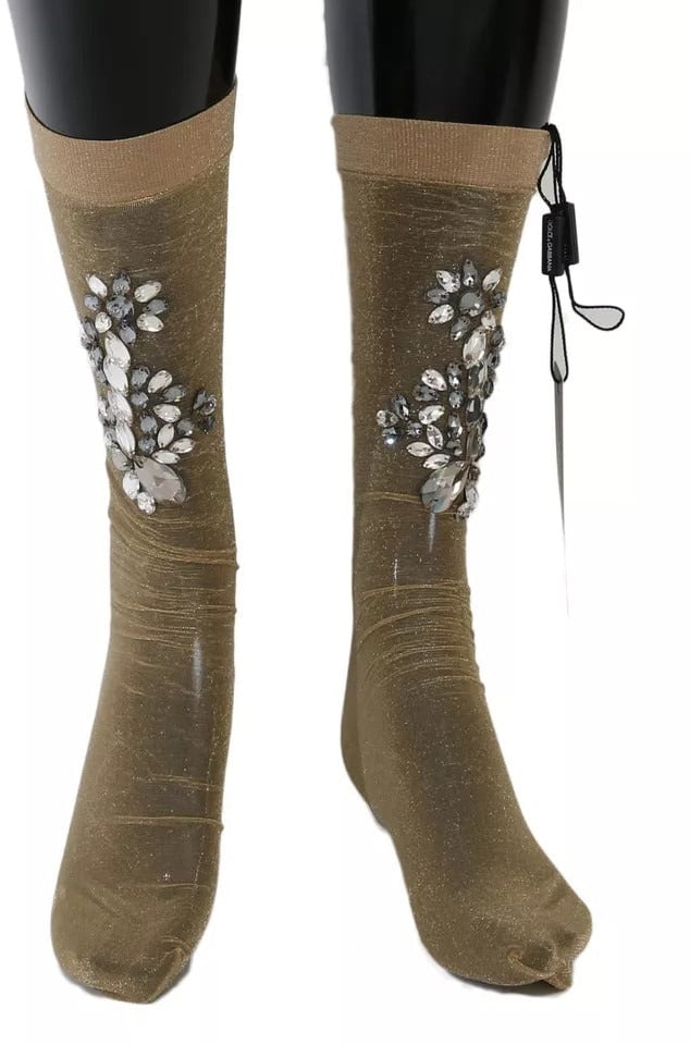 Dolce & Gabbana Gold Stretch Floral Clear Crystal Stocking Socks Goud
