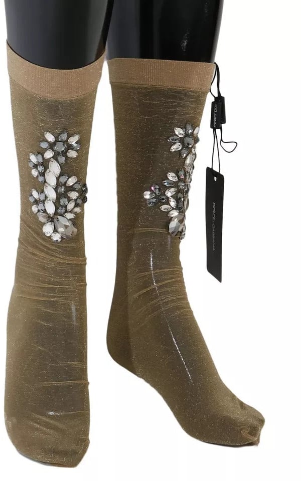 Dolce & Gabbana Gold Stretch Floral Clear Crystal Stocking Socks Goud