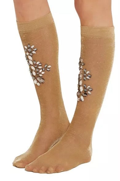Dolce & Gabbana Gold Stretch Floral Clear Crystal Stocking Socks Goud