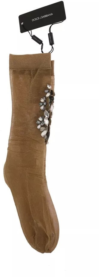 Dolce & Gabbana Gold Stretch Floral Clear Crystal Stocking Socks Goud