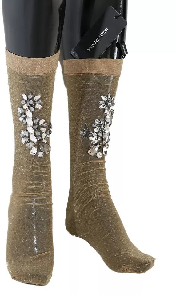 Dolce & Gabbana Gold Stretch Floral Clear Crystal Stocking Socks Goud