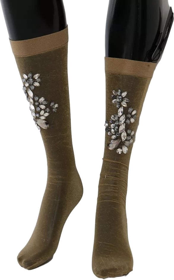 Dolce & Gabbana Gold Stretch Floral Clear Crystal Stocking Socks Goud