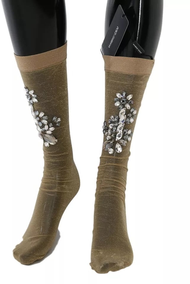 Dolce & Gabbana Gold Stretch Floral Clear Crystal Stocking Socks Goud