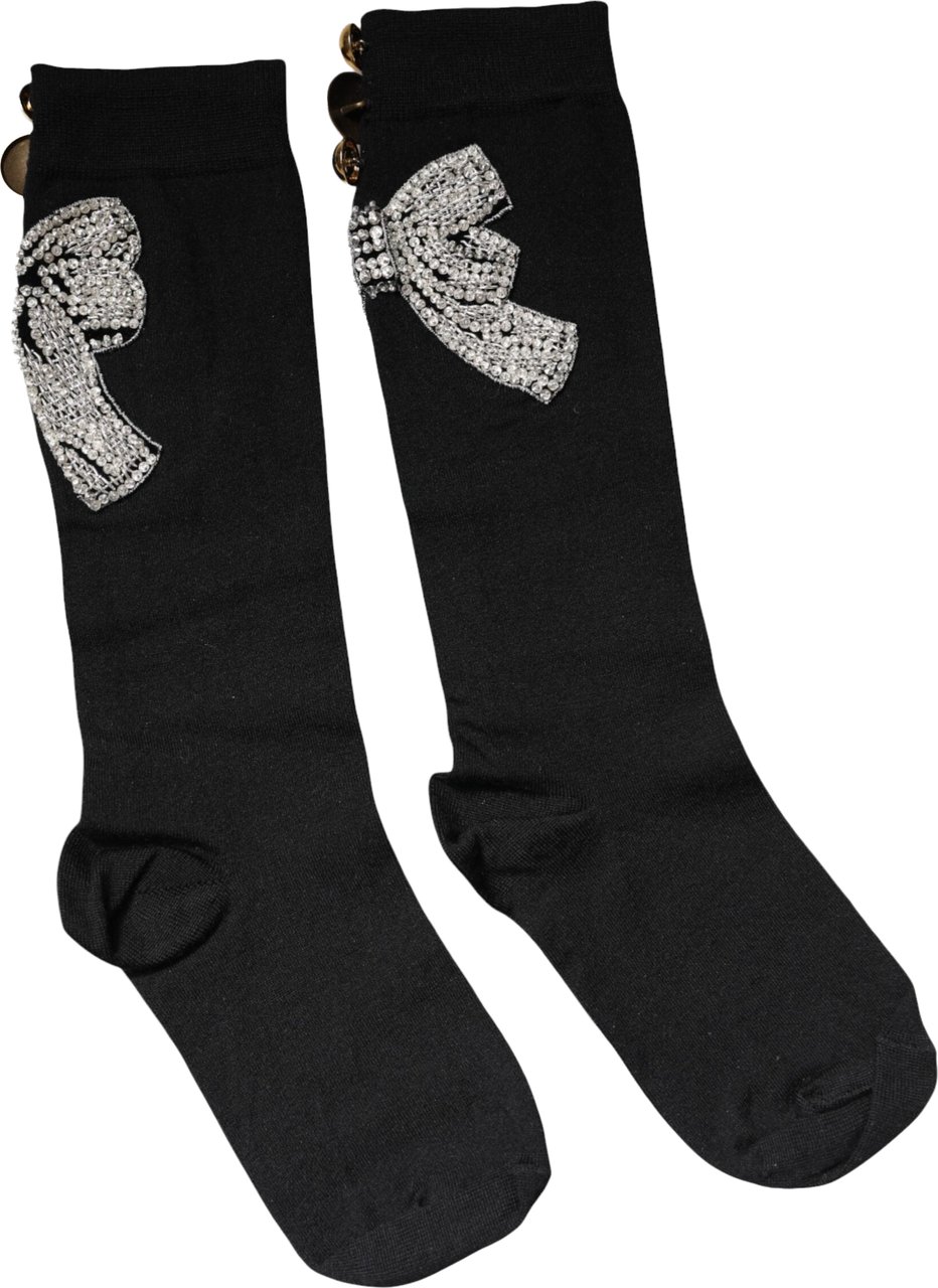 Dolce & Gabbana Black Knit Floral Crystal Embellishment Socks Zwart