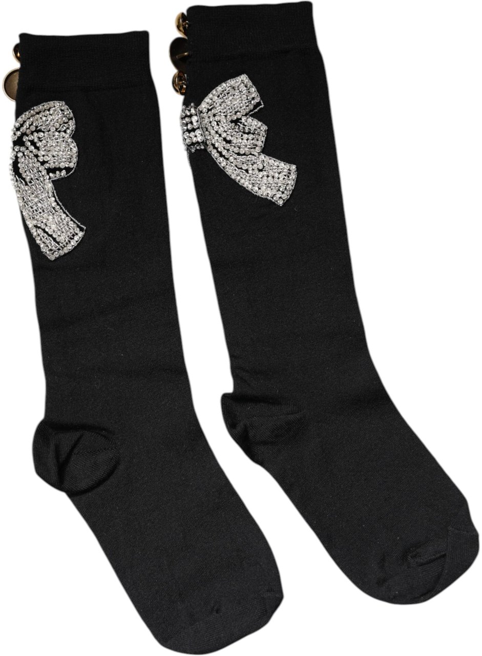 Dolce & Gabbana Black Knit Floral Crystal Embellishment Socks Zwart