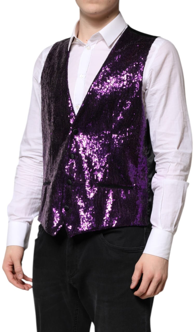 Dolce & Gabbana Purple Sequined Dress Formal Waistcoat Vest Paars