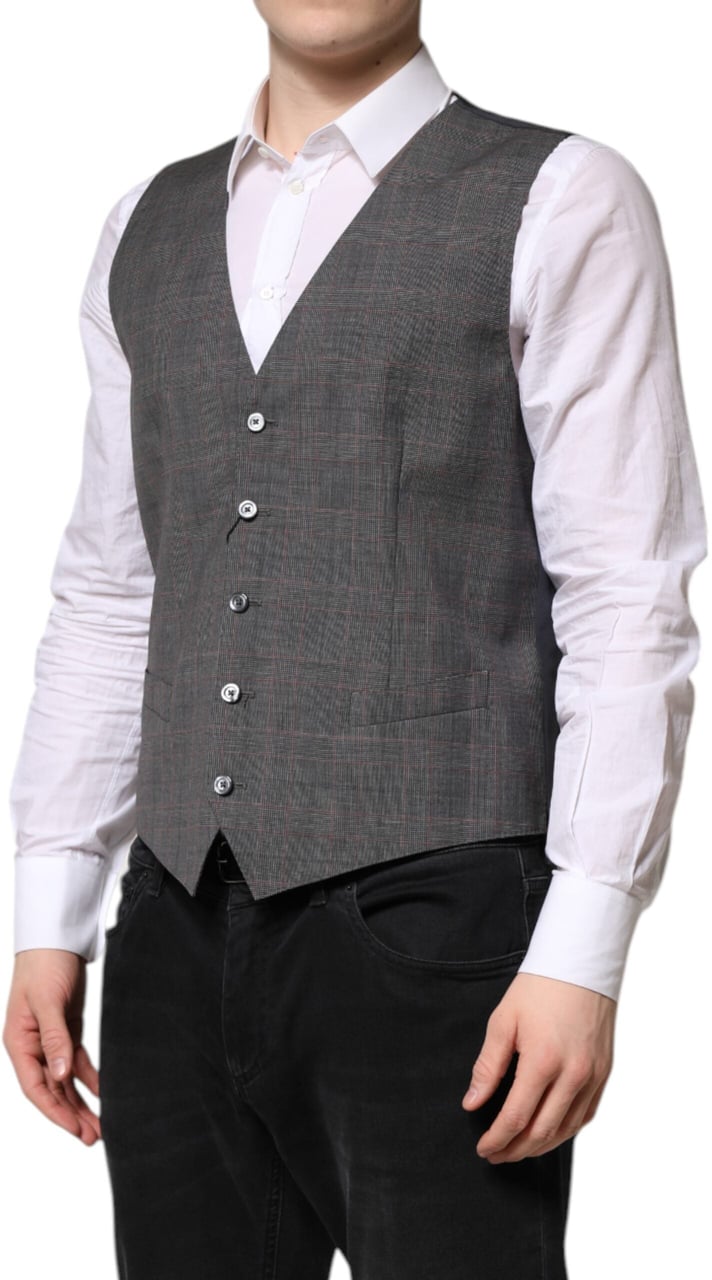 Dolce & Gabbana Gray Plaid Wool Formal Dress Waistcoat Vest Grijs