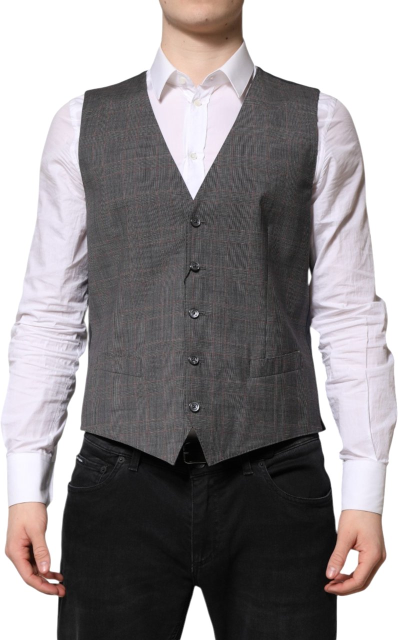 Dolce & Gabbana Gray Plaid Wool Formal Dress Waistcoat Vest Grijs