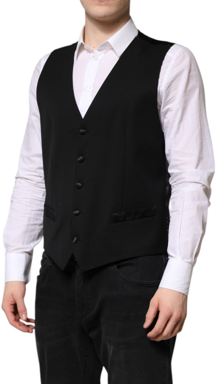Dolce & Gabbana Black Wool Dress Formal Men Waistcoat Vest Zwart