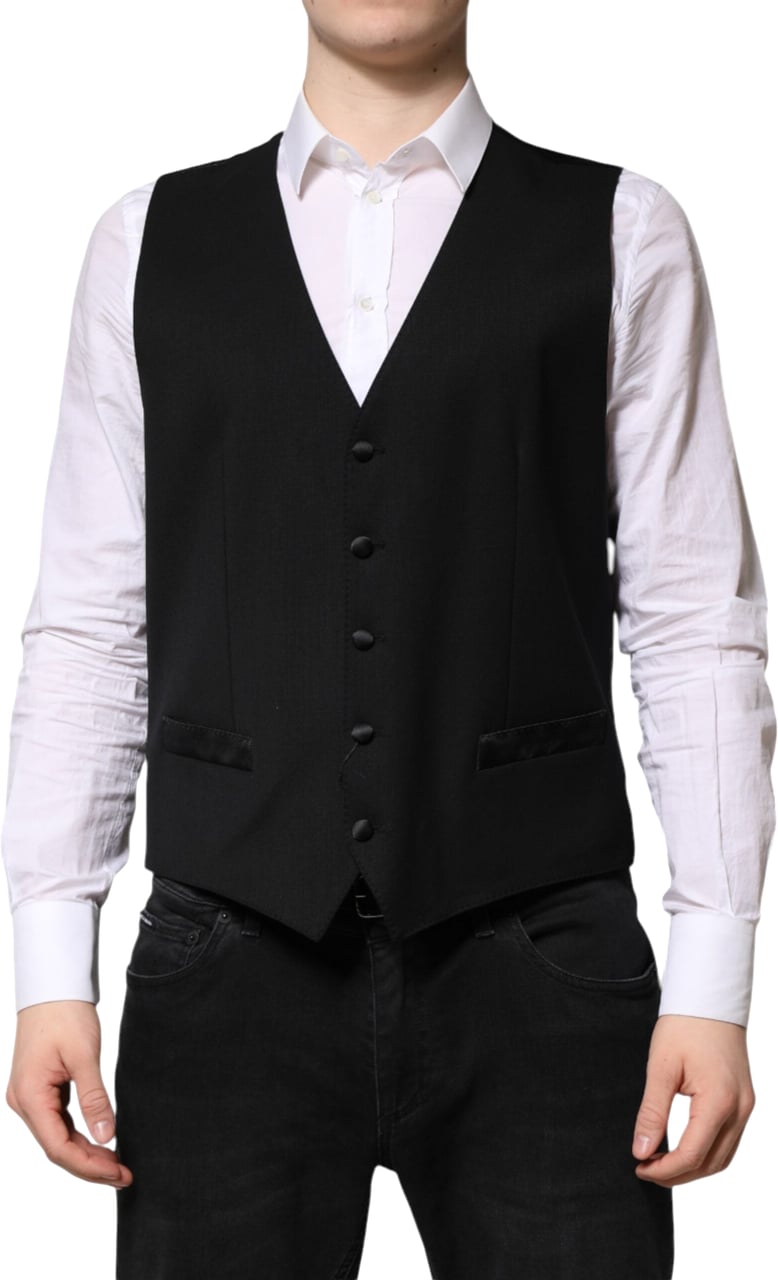Dolce & Gabbana Black Wool Dress Formal Men Waistcoat Vest Zwart