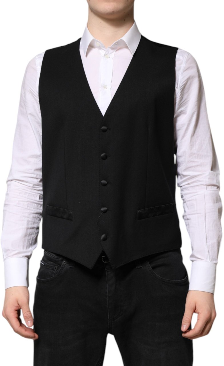 Dolce & Gabbana Black Wool Dress Formal Men Waistcoat Vest Zwart