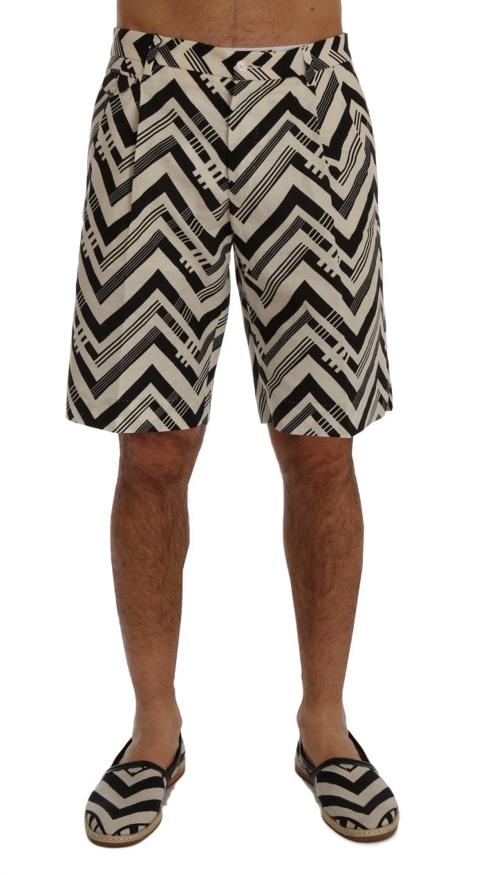 Dolce & Gabbana White Black Striped Cotton Linen Shorts Zwart
