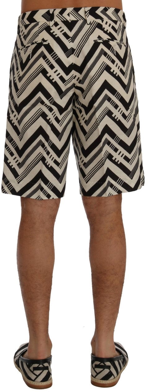 Dolce & Gabbana White Black Striped Cotton Linen Shorts Zwart