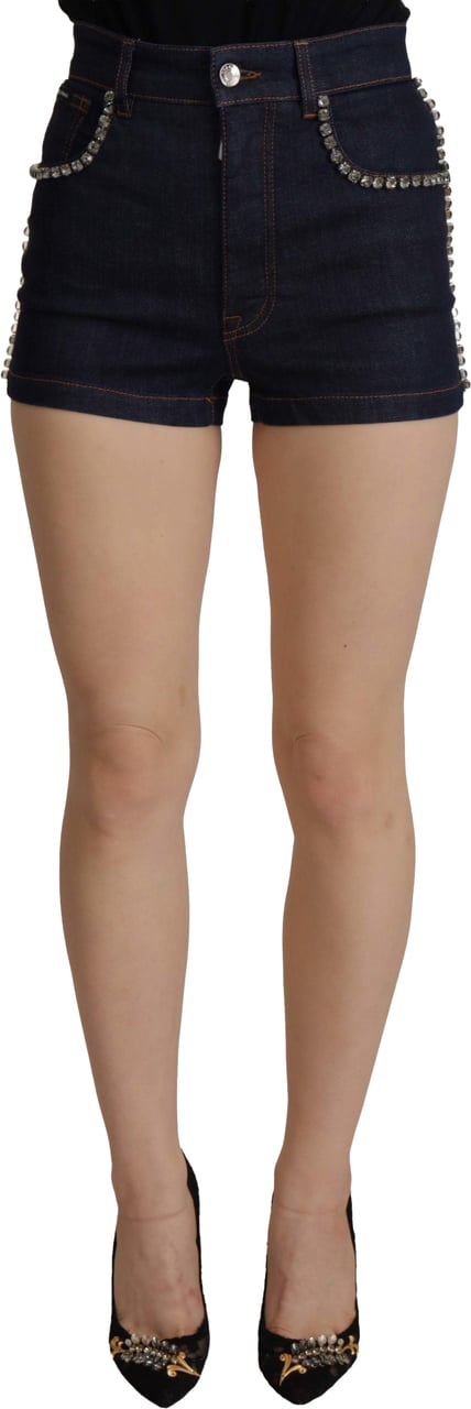 Dolce & Gabbana Blue Denim Stretch Crystal Hot Pants Shorts Blauw