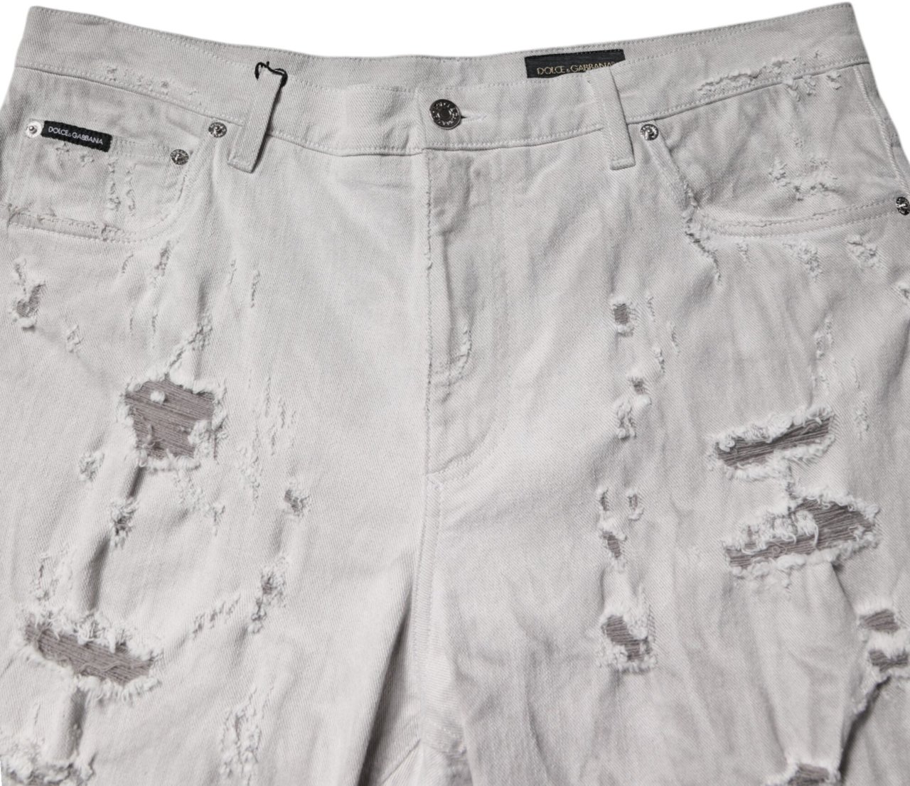 Dolce & Gabbana Light Gray Tattered Men Denim Bermuda Shorts Grijs