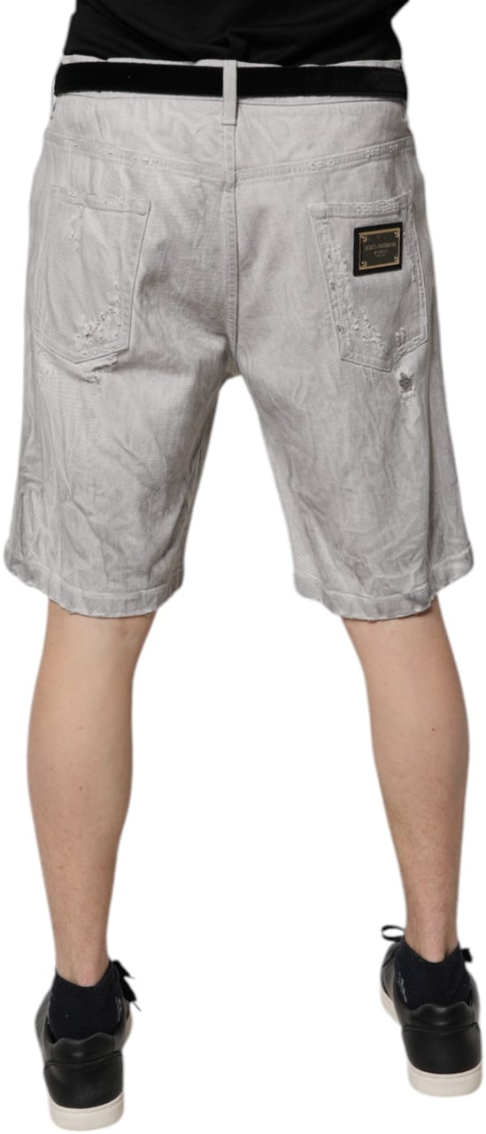 Dolce & Gabbana Light Gray Tattered Men Denim Bermuda Shorts Grijs
