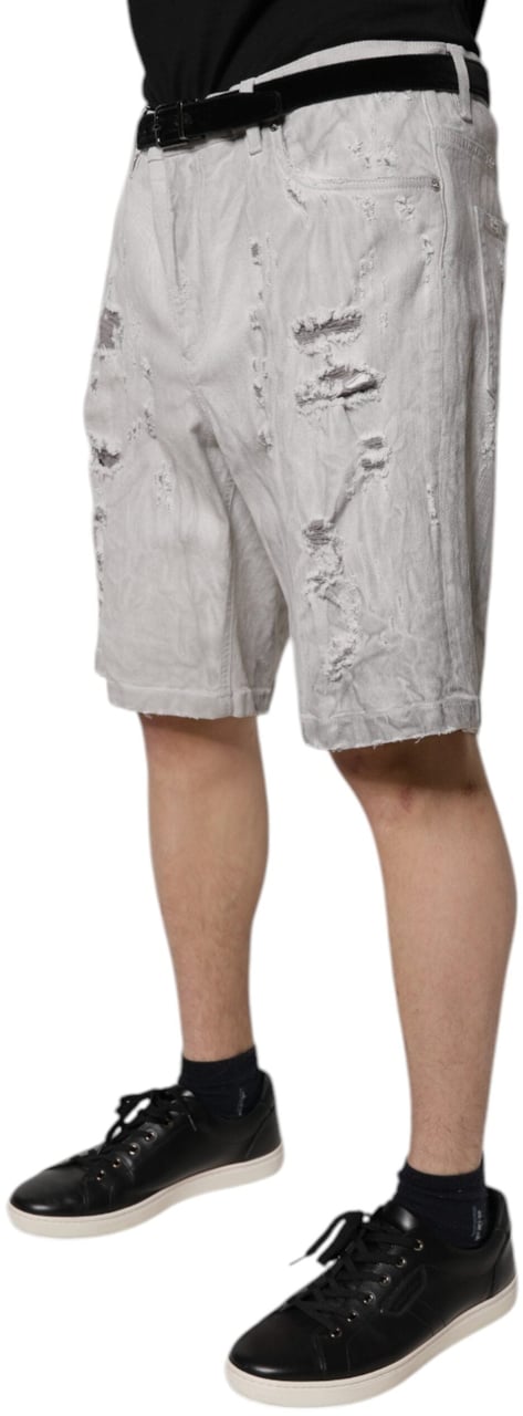Dolce & Gabbana Light Gray Tattered Men Denim Bermuda Shorts Grijs