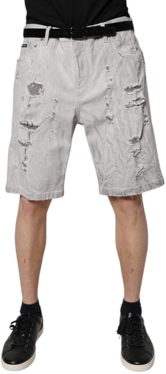 Dolce & Gabbana Light Gray Tattered Men Denim Bermuda Shorts Grijs
