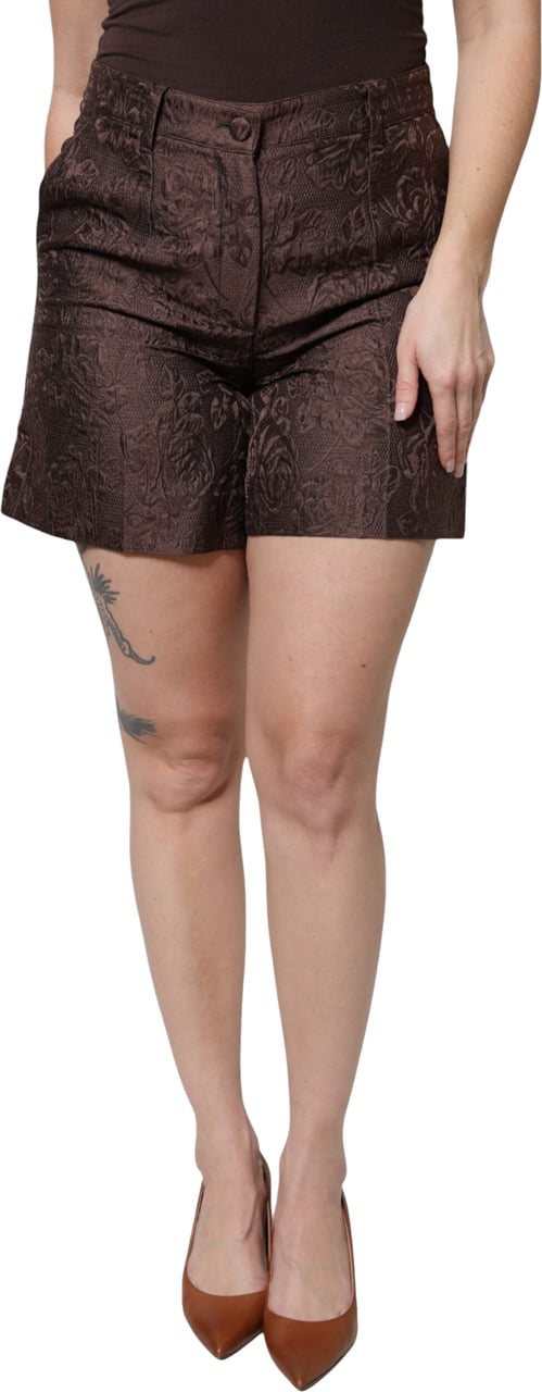 Dolce & Gabbana Brown Floral Brocade Mid Waist Mini Short Bruin