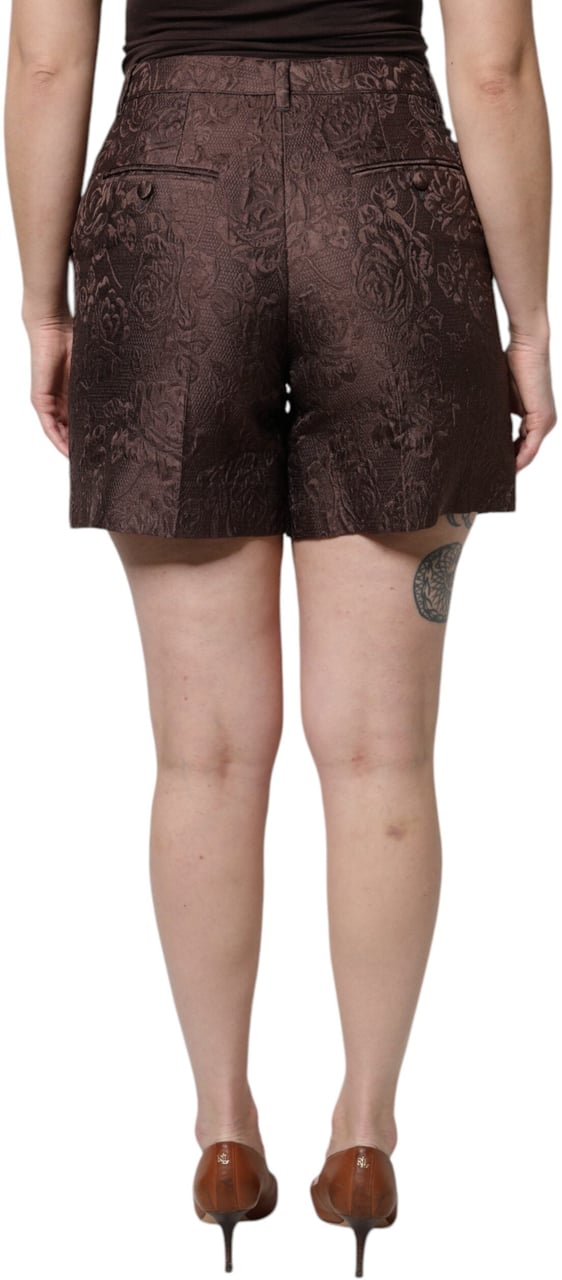 Dolce & Gabbana Brown Floral Brocade Mid Waist Mini Short Bruin