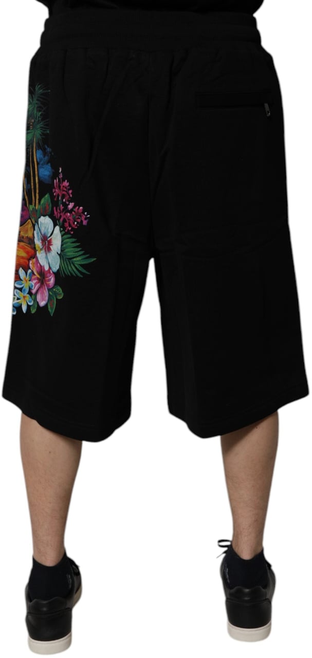 Dolce & Gabbana Black Cotton Logo Floral Print Bermuda Shorts Zwart