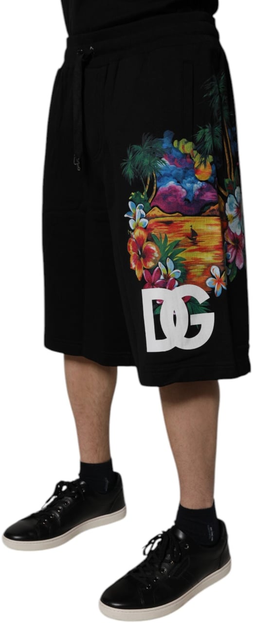 Dolce & Gabbana Black Cotton Logo Floral Print Bermuda Shorts Zwart